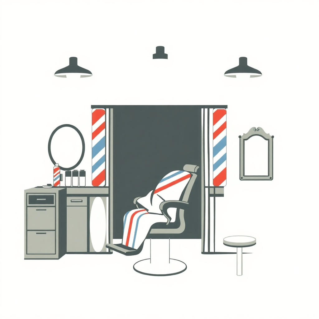 The image is an illustration of a barber shop interior. It shows a barbershop with a chair, a mirror, and a stool. The chair is a modern design with a curved backrest and armrests, and it is covered with a red, white, and blue striped towel. The mirror is on the left side of the image, and the stool is next to it. On the right side, there is a desk with a mirror and a shelf with various barber tools. Above the desk, there are three black pendant lights hanging from the ceiling. The walls are painted in a light grey color, and there are two red and white striped curtains in the background. The overall style of the illustration is minimalistic and modern.