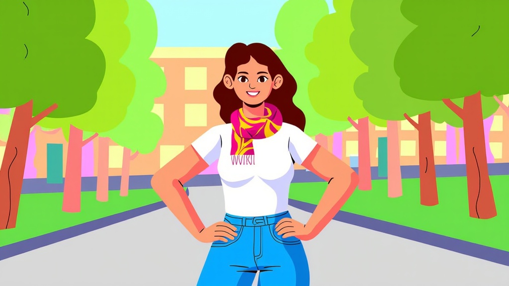 The image is an illustration of a young woman standing in a park. She is wearing a white t-shirt with the word WIKI written on it and a colorful scarf around her neck. She has long brown hair and is smiling at the camera. The woman is standing with her hands on her hips and is wearing blue jeans. The background of the image is a park with trees and a building in the distance. The sky is blue and the overall color scheme is bright and cheerful.