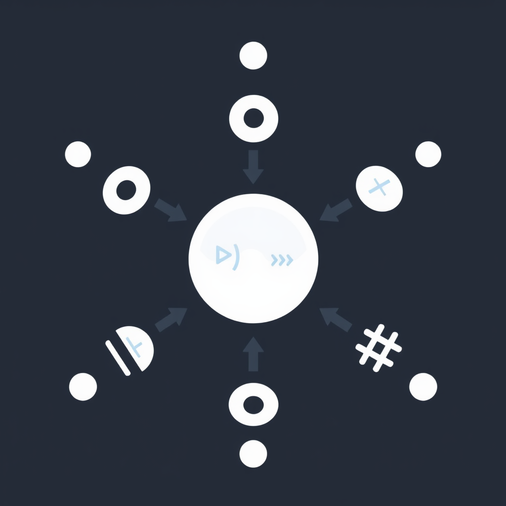 Abstract Node & Code Spokes: A central hub or node representing 'Build' or 'Connect,' with radiating spokes. These spokes could be composed of or terminate in stylized code symbols (e.g., `</>`, `();`, `#`) or abstract representations of developers connecting.