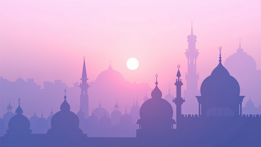 Pre-Dawn Ethereal Glow: Capture the ethereal moments just before sunrise. Focus on soft, muted palettes (pinks, lavenders, pale blues) painting the sky and gently illuminating architectural silhouettes like domes and minarets. Convey a sense of quiet anticipation and stillness.