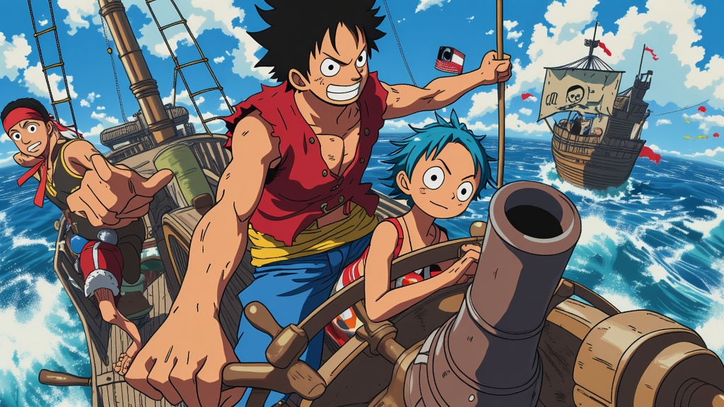 The thrilling marine fights showcase the Straw Hat Pirates tackling powerful vessels, capturing the explosive action and sharp maneuvers of One Piece.