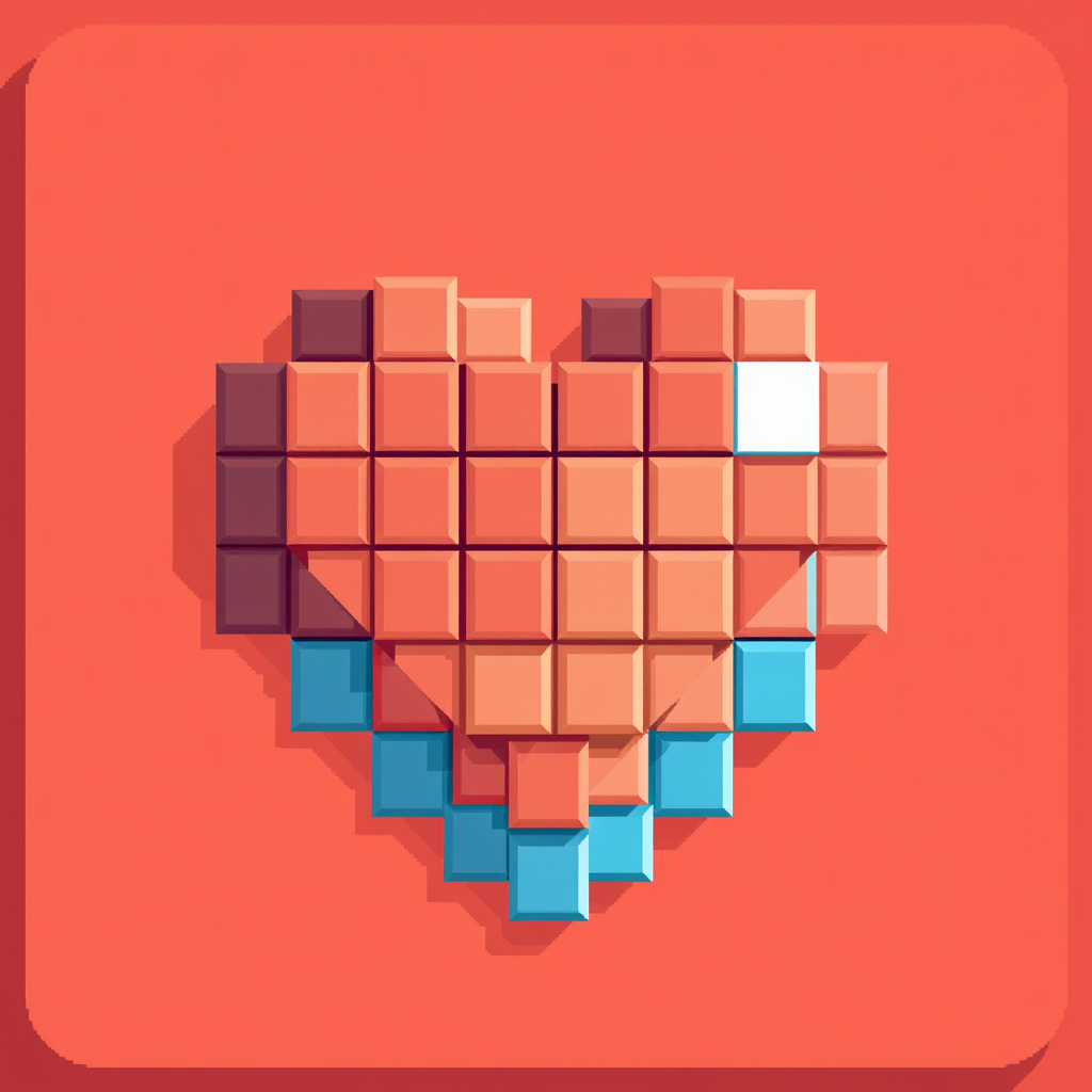 A layered pixel heart icon where different layers of pixels form the shape, allowing for depth and a quasi-3D effect within the pixel art style.