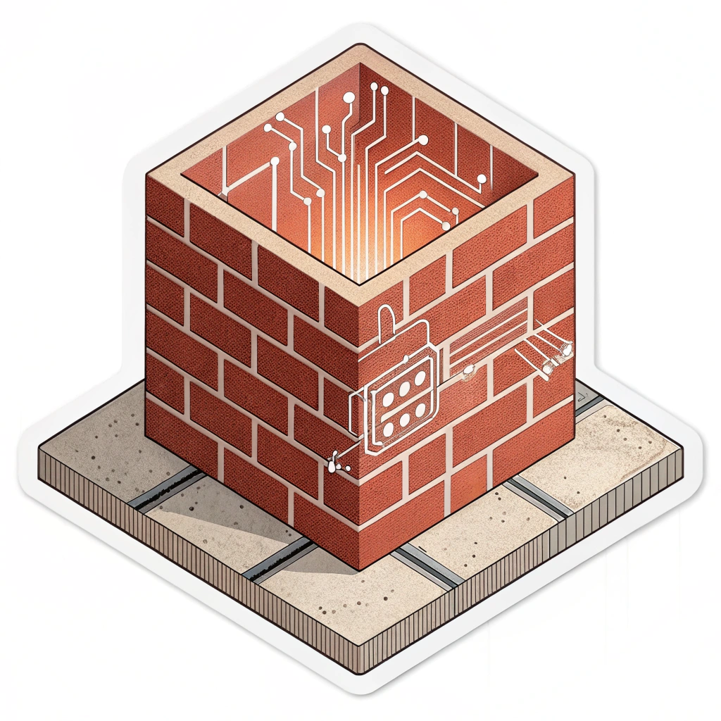 Design Idea 5: A modern, isometric perspective of a brick wall segment, with a glowing digital grid or circuit pattern subtly overlaid on the bricks themselves, emphasizing the technological nature of this robust defense.