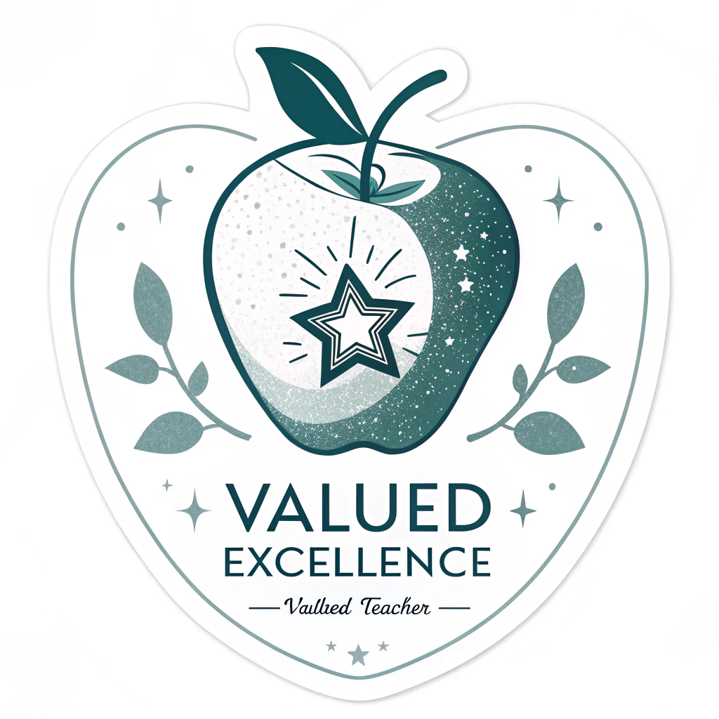 Simple Emblem: A stylized apple with a checkmark or a small, shining star subtly embedded within it, signifying 'Valued' and 'Excellence'. Minimal text: 'Valued Teacher'.