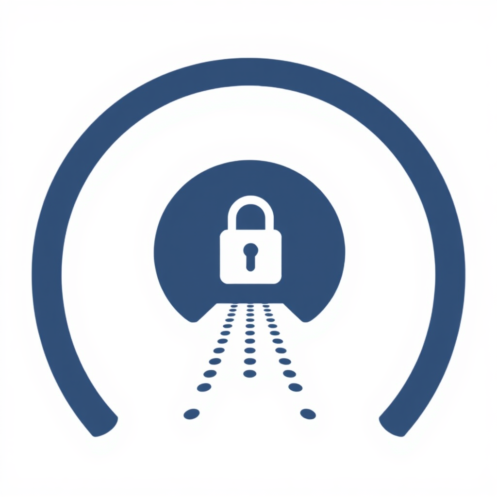A stylized tunnel formed by two curved lines converging towards a central point. A small, distinct padlock icon is positioned at the mouth or overlaid on the tunnel, symbolizing encryption. Data (dots or a thin line) is shown entering one end and exiting the other, perhaps subtly changing appearance (e.g., from jumbled to ordered) as it passes the padlock.