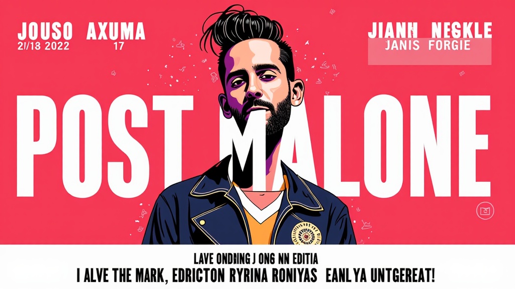 Negative Space Malone: Utilize bold typography for the concert details (artist name, venue, date). The negative space between and within the lettering subtly reveals Post Malone's silhouette or a key symbol.