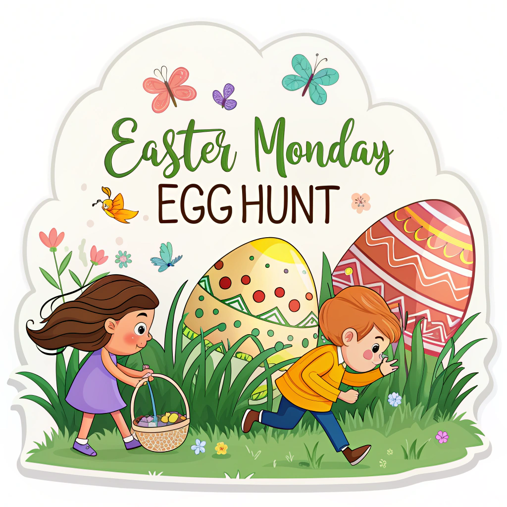 Design a sticker featuring Easter eggs hidden in a garden with children searching for them, overlaid with 'Easter Monday Egg Hunt' text.