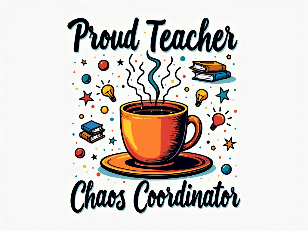 A design centered around a graphic (e.g., a coffee cup, a lightbulb, or a brain). From this central graphic, playful swirls or small icons representing both chaos and learning emanate. Text 'Proud Teacher & Official Chaos Coordinator' wrapped around or placed prominently with the graphic.