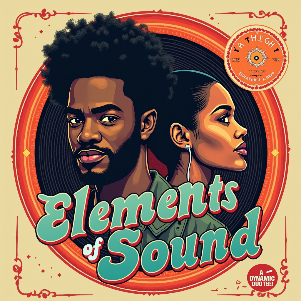 Vintage Record Label Homage: Design the t-shirt to look like a classic vinyl record label. Kendrick Lamar and SZA's names would be prominent like the artists, 'Elements of Sound' as the album/concert title, and 'A Dynamic Duo Tee' perhaps as a 'stereo' or 'hi-fi' marking. Circular design elements and retro fonts would be key.