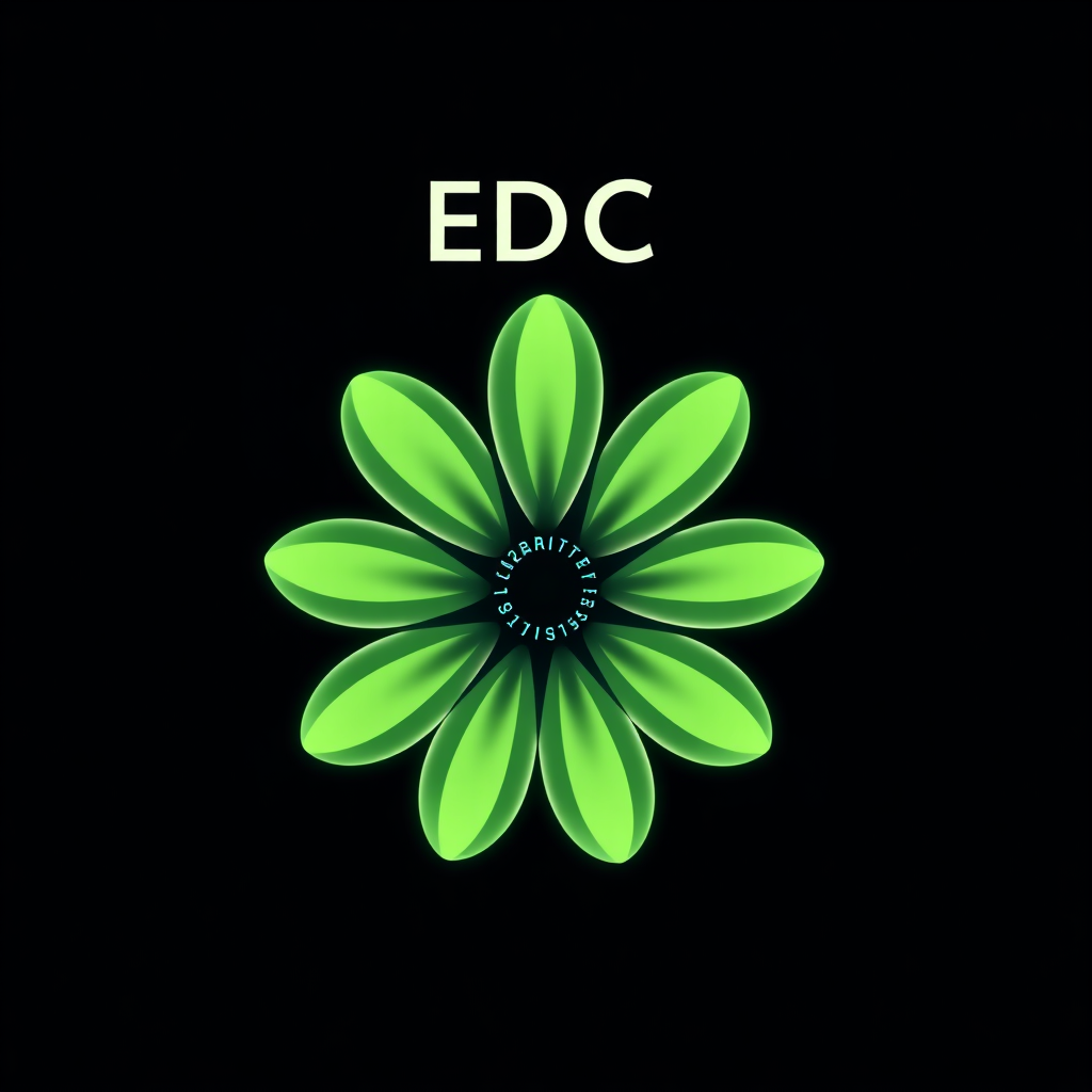 Simple Iconic Glow Daisy (Logo Idea): A clean, minimalist logo featuring a single, bold, iconic bioluminescent daisy. Its primary visual impact comes from the soft, yet distinct, glow on its petal edges and a radiant center, set against a deep nocturnal backdrop. 'EDC' is placed prominently above or below, with ''25' subtly incorporated, capturing the essence of a bioluminescent daisy in a Nocturnal Garden.