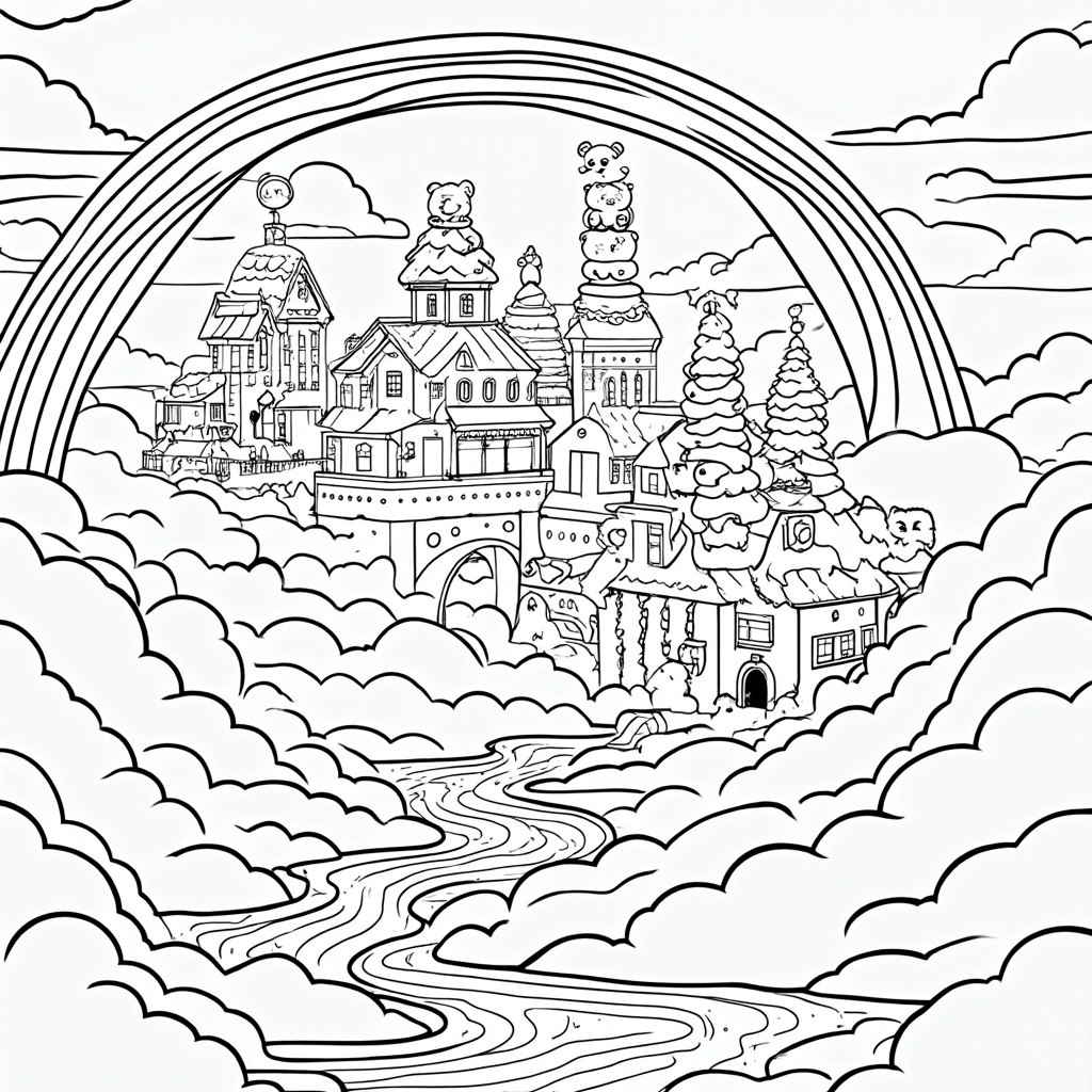 Gummy Bear Cloud Kingdom Discovery: A whimsical scene where the gummy bears discover a magical kingdom made entirely of soft, fluffy clouds, possibly at the rainbow's apex or end. The architecture is gummy-inspired: houses shaped like gummy bears, towers of stacked gummies, and bridges made of licorice or taffy. Rainbow-colored streams or gentle waterfalls could flow between the clouds.
