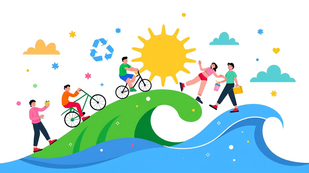 A dynamic, upward-spiraling composition showing various small, everyday climate actions (recycling, cycling, conserving energy, local sourcing) performed by different people, merging into a powerful wave or current that cleanses and restores a symbolic representation of the Earth.