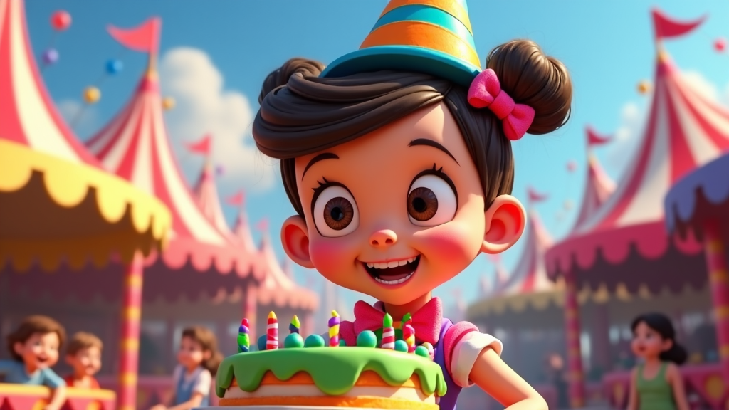 A vibrant carnival scene presents the girl admiring a Monopoly-themed cake, as her costume's hat and bow tie blend with the colorful tents and rides. Her delighted expression celebrates the perfect fusion of games and treats, capturing childhood joy and wonder in a dynamic, playful setting.