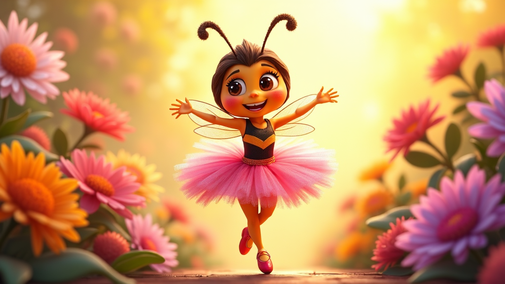 A cartoon bee in a ballet tutu, twirling elegantly around a crowded bouquet, under the spotlight of the golden sun.