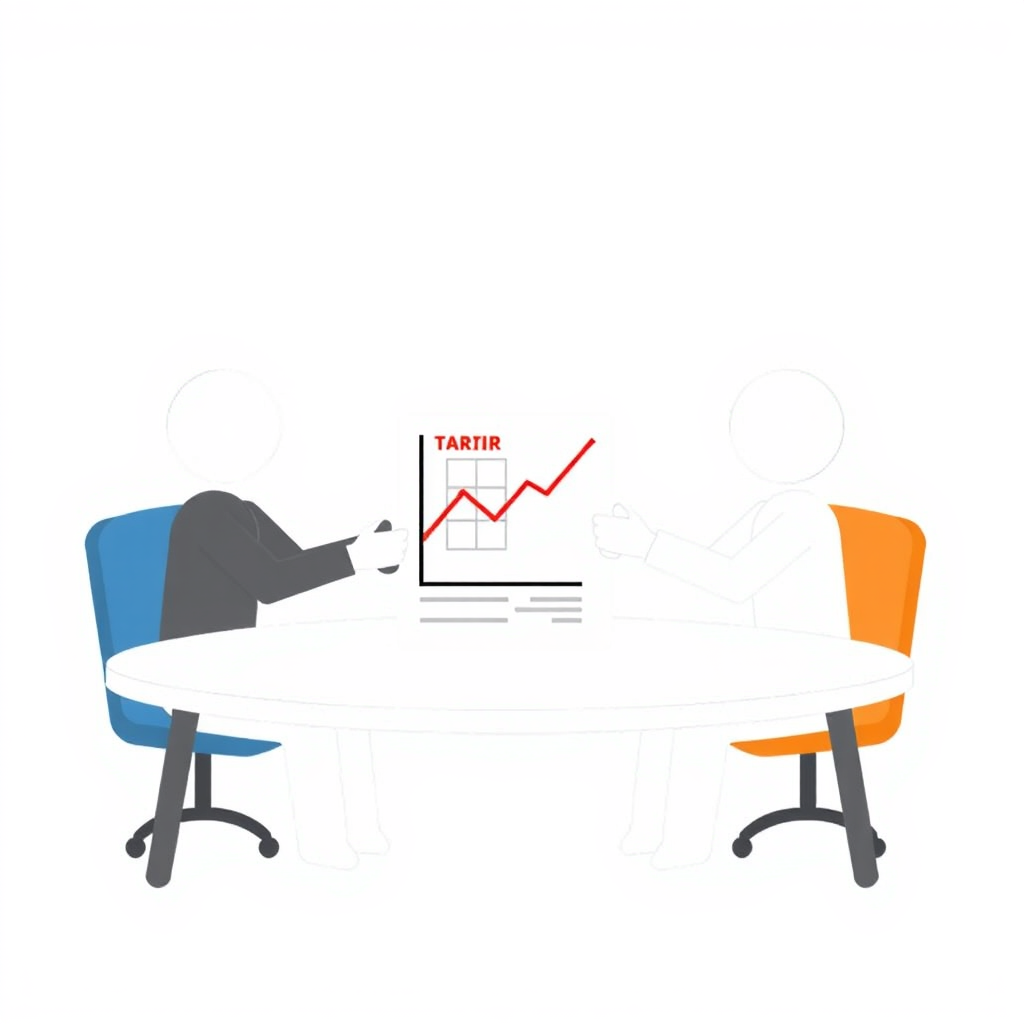 Two abstract figures across a table with a central document displaying a tariff-related graph, signifying negotiation.