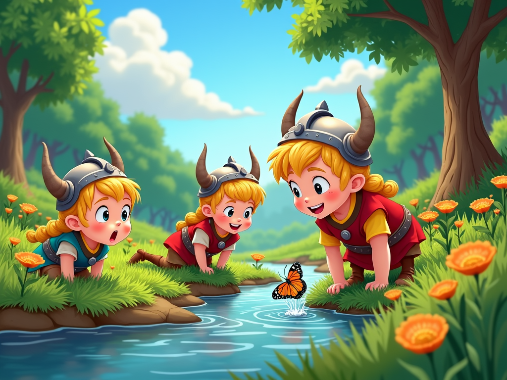 A cartoon depicting a group of Viking children discovering a new land, with a focus on their playful and curious interactions with the environment.