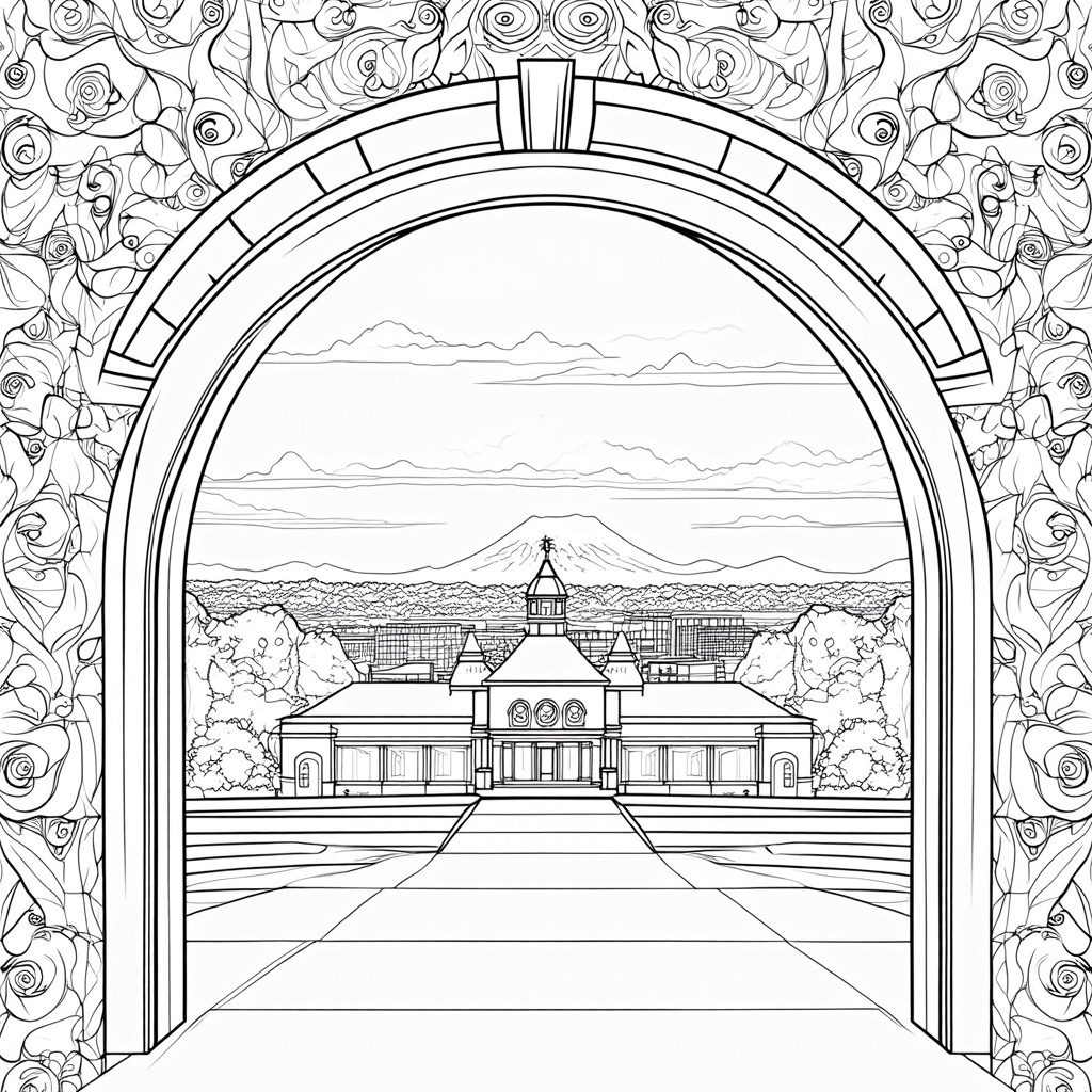 Coloring Page Design 2: Pittock Mansion depicted with a grand rose archway in the foreground, framing the historic building. The background features a panoramic view of downtown Portland and a distant Mount Hood, allowing for depth and landscape coloring.
