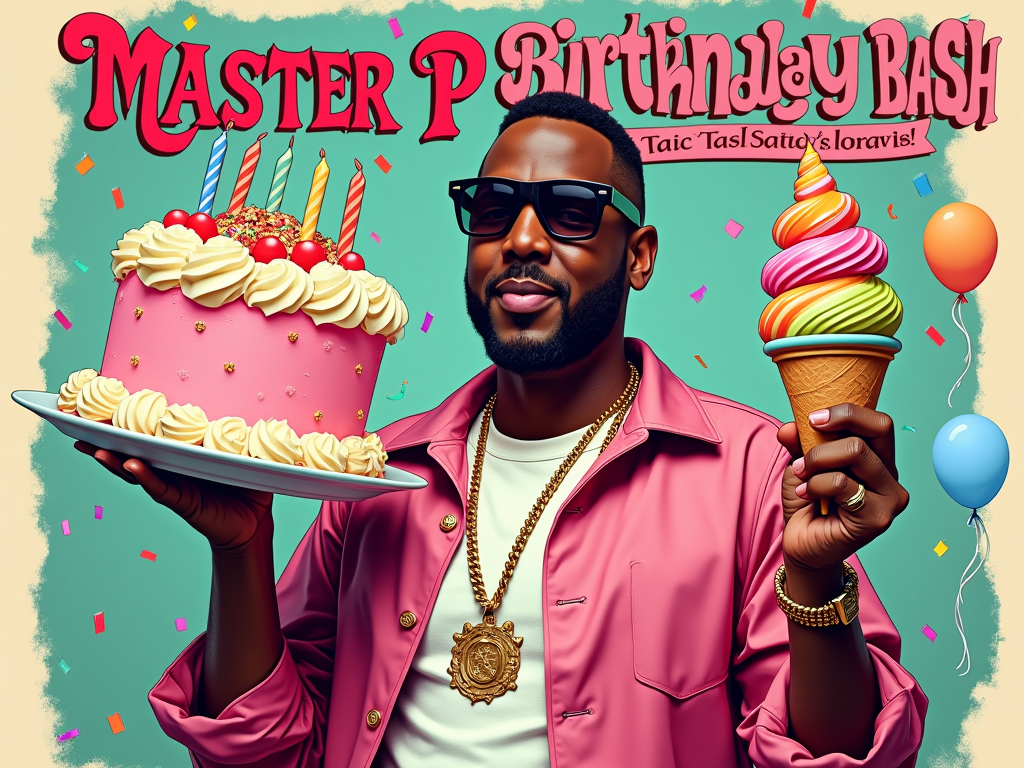 Album Art B-Day Mashup: A playful re-imagining of the 'Ice Cream Man' album cover, but with birthday elements. Master P could be holding a giant birthday cake or a multi-scoop ice cream cone, surrounded by party details. Text: 'Master P Birthday Bash - Still the Ice Cream Man'.