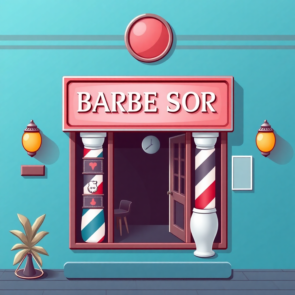 The image is an illustration of a barber shop named Barbe Sor. The shop is located on a street corner with a blue wall and a red sign above the entrance. The sign has the word BARBE SOR written in white capital letters. Below the sign, there is a red and white striped barber pole and a white vase. On either side of the entrance, there are two orange lanterns hanging on the wall. There is also a small potted plant on the sidewalk in front of the shop. The shop has a small window with a view of a chair and a table inside. The overall color scheme of the image is blue and red.