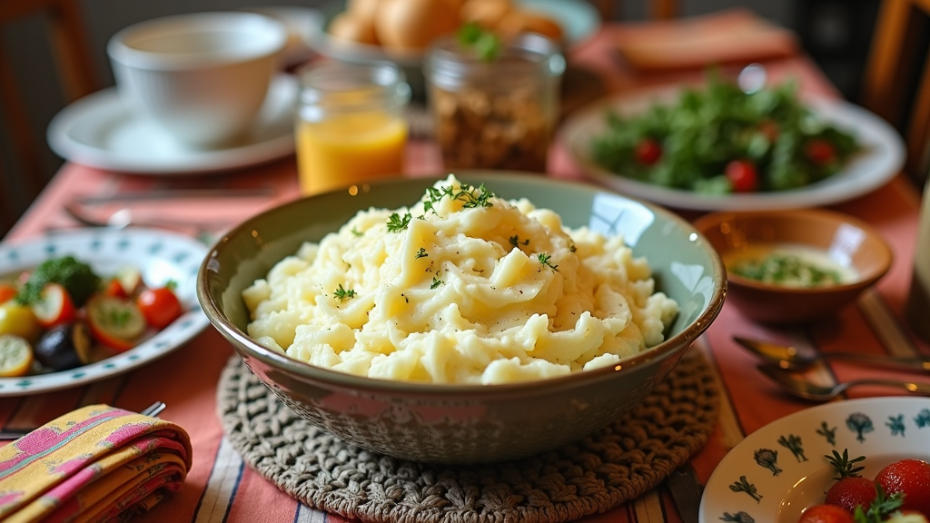 A lovingly prepared family dinner with mashed potatoes in the center, surrounded by various homemade condiments and side dishes.