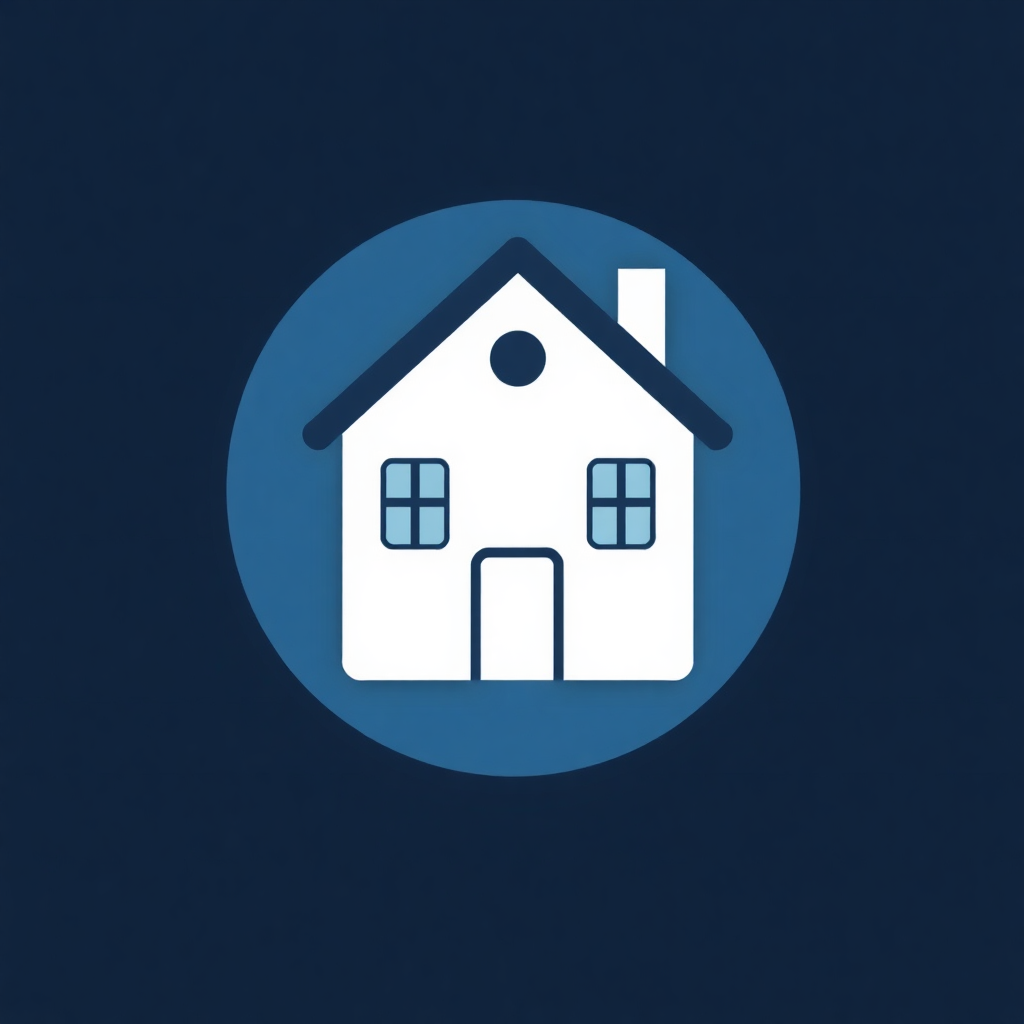 The image is a blue circle with a white icon of a house in the center. The house is a two-story building with a sloping roof and a chimney on the right side. It has two windows on the front and a door on the left side. The icon is simple and minimalistic, with no other details or design elements. The background is dark blue, making the house stand out.