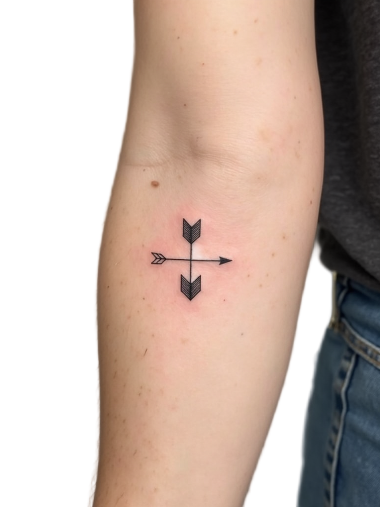 An image showing a tiny arrow tattoo on the forearm, pointing forward to signify moving ahead with determination, depicted with clean, sharp lines.