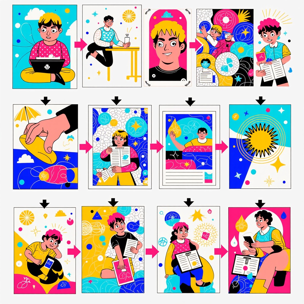 Process Visualization Posters: Design illustrations that visualize the AI's generative steps, showing layers or iterations as it builds the re-imagined poster from abstract concepts or core elements of the original.