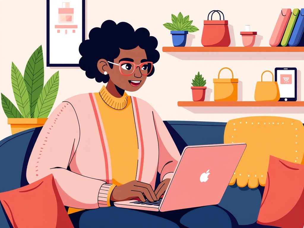  a young woman sitting on a blue couch with a pink laptop in front of her. She is wearing a pink sweater and has curly hair and glasses. She has a smile on her face and appears to be working on her laptop. On the right side of the image, there is a bookshelf with various books, a phone, and a potted plant. The background is a white wall with a framed picture hanging on it. The overall style of the illustration is flat and cartoon-like.