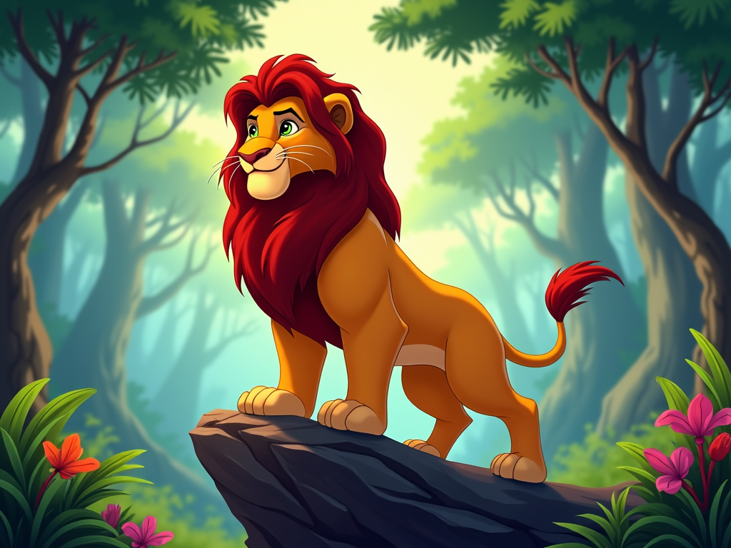 A brave lion standing on a rocky outcrop, with a determined look, with a jungle background.