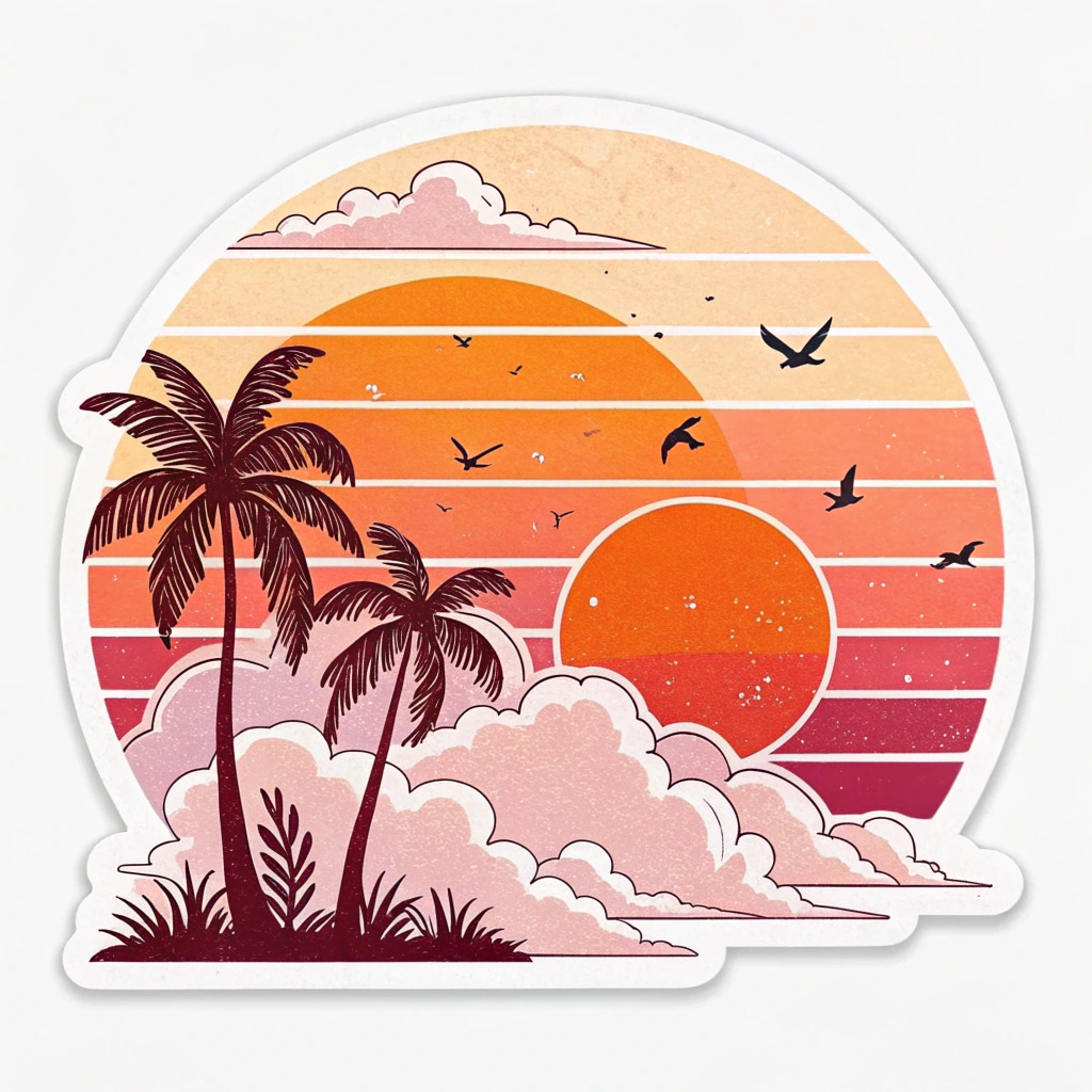 The image is a circular sticker with a colorful illustration of a tropical scene. The background is a gradient of orange, pink, and yellow, with a large orange sun in the center. The sun is surrounded by white clouds and palm trees. There are also a few birds flying around the sun. The overall style of the illustration is flat and minimalistic.