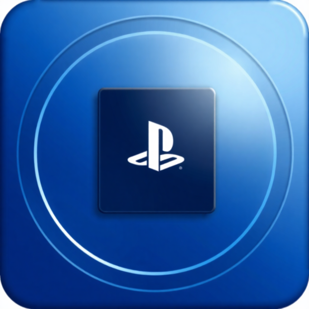 The image is a square-shaped icon with a blue background and a white circle in the center. In the center of the circle, there is a black square with the PlayStation logo in white. The logo is a stylized letter P in the middle, which is the iconic symbol for the video game console. The circle is slightly curved, giving the icon a modern and sleek look. The overall design is simple and minimalistic.