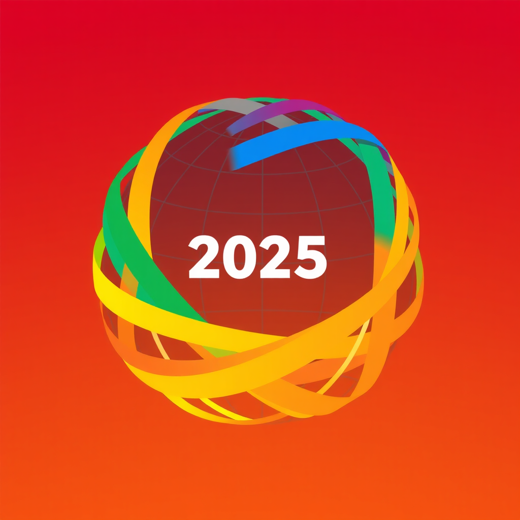 Sub Design Idea 1: A stylized globe composed of interwoven rainbow strands, symbolizing global interconnectedness. The year '2025' is integrated subtly within the an design, perhaps as part of a central axis or a subtle texture.