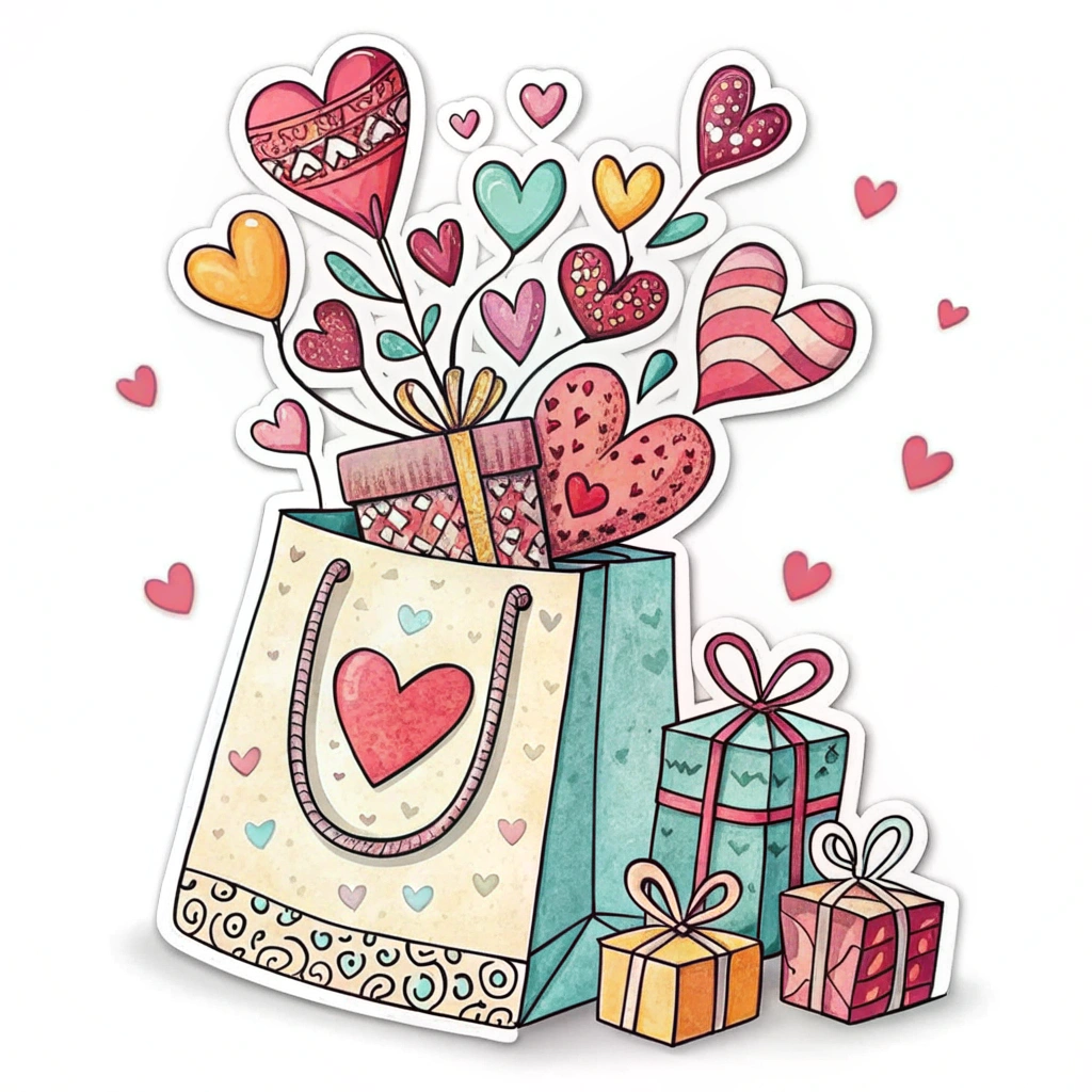 A sticker with a gift bag overflowing with hearts and small presents.