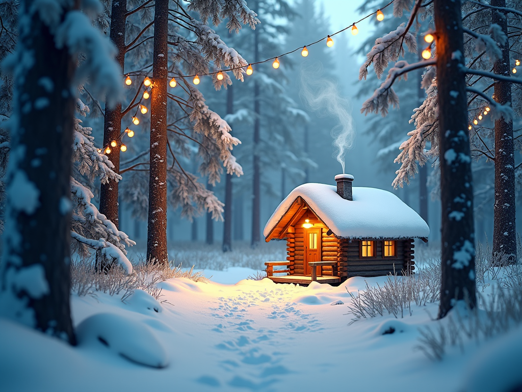 A magical winter forest scene with snow-covered pine trees illuminated by strings of golden fairy lights. The ground is draped in a white blanket of snow, sparkling under the gentle light, while a small wooden cabin with smoke drifting lazily from the chimney suggests warmth and comfort inside, surrounded by nature's winter embrace.