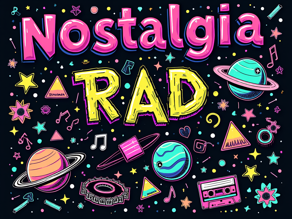 The Classic Collage: A T-shirt featuring a dense, chaotic mix of iconic Trapper Keeper doodles such as bubble letters spelling 'Nostalgia' or 'Rad', generic 8-bit game characters, vibrant geometric shapes (triangles, squiggles), stylized planets, musical notes, and cassette tape silhouettes, all rendered in bright neon colors on a dark background for an authentic 'messy notebook' feel.