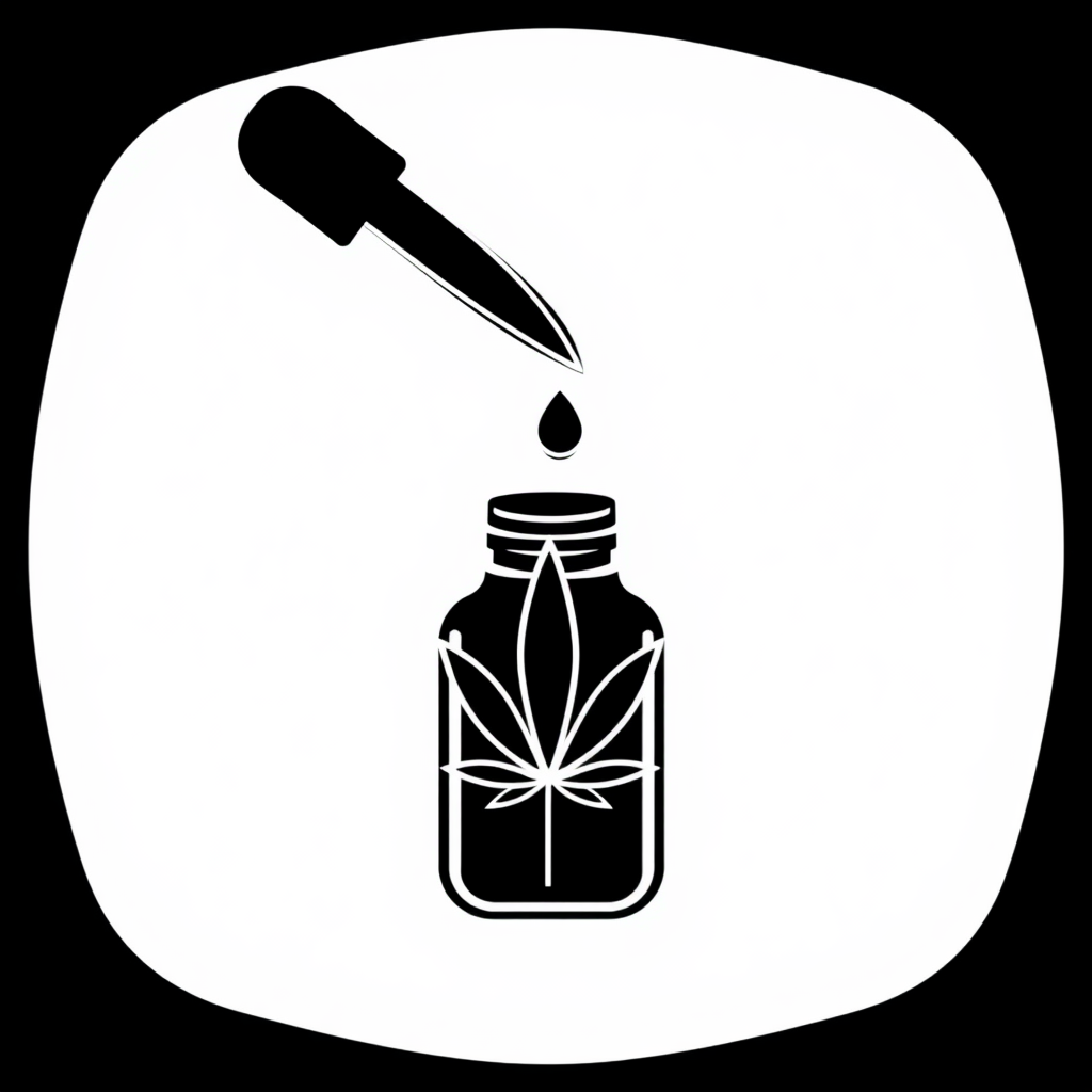 Droplet Leaf Icon: A minimalist dropper bottle silhouette where the emerging droplet is distinctly shaped like a cannabis leaf. Focus on clean lines and immediate recognition.