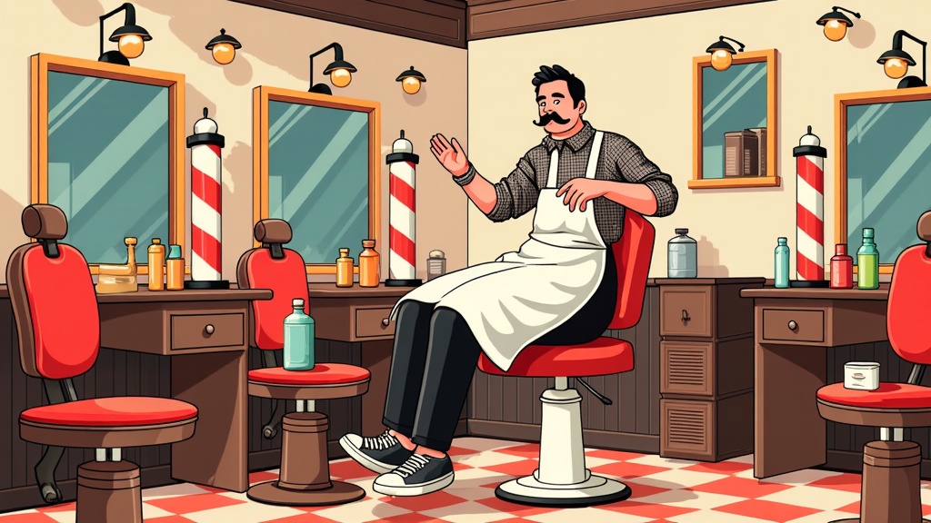  a man sitting in a barber chair in a hair salon. He is wearing a white apron and has a mustache and is holding a pair of scissors in his hand. The barber is sitting on a red and white checkered floor with two red barber chairs on either side of him. Behind him, there are two large mirrors with red and black striped frames and a wooden countertop with various barber tools and supplies. The walls are painted in a light beige color and there are several lamps hanging from the ceiling. The overall style of the salon is vintage and retro.