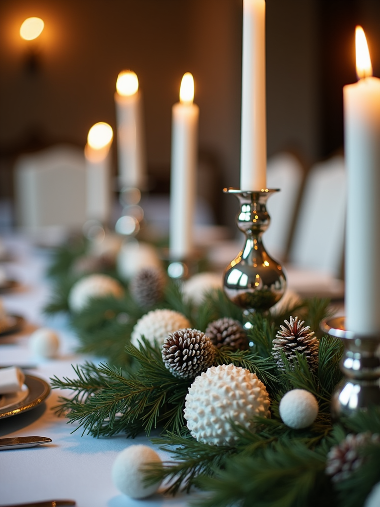 A close-up of a dining table centerpiece with a winter wonderland theme, featuring delicate white pinecones, lush green foliage, and silver candle holders with tall, slender candles creating an elegant ambiance.