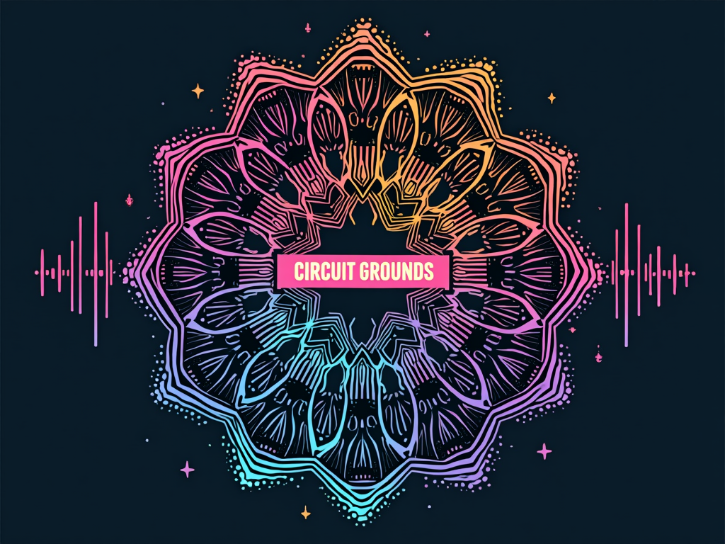 T-Shirt Design 4: A central, complex geometric mandala or kaleidoscopic pattern built from stylized electronic component shapes (like abstract capacitors, resistors) and sound wave forms. The 'Circuit Grounds' name is arranged circularly within or as a banner across the design.