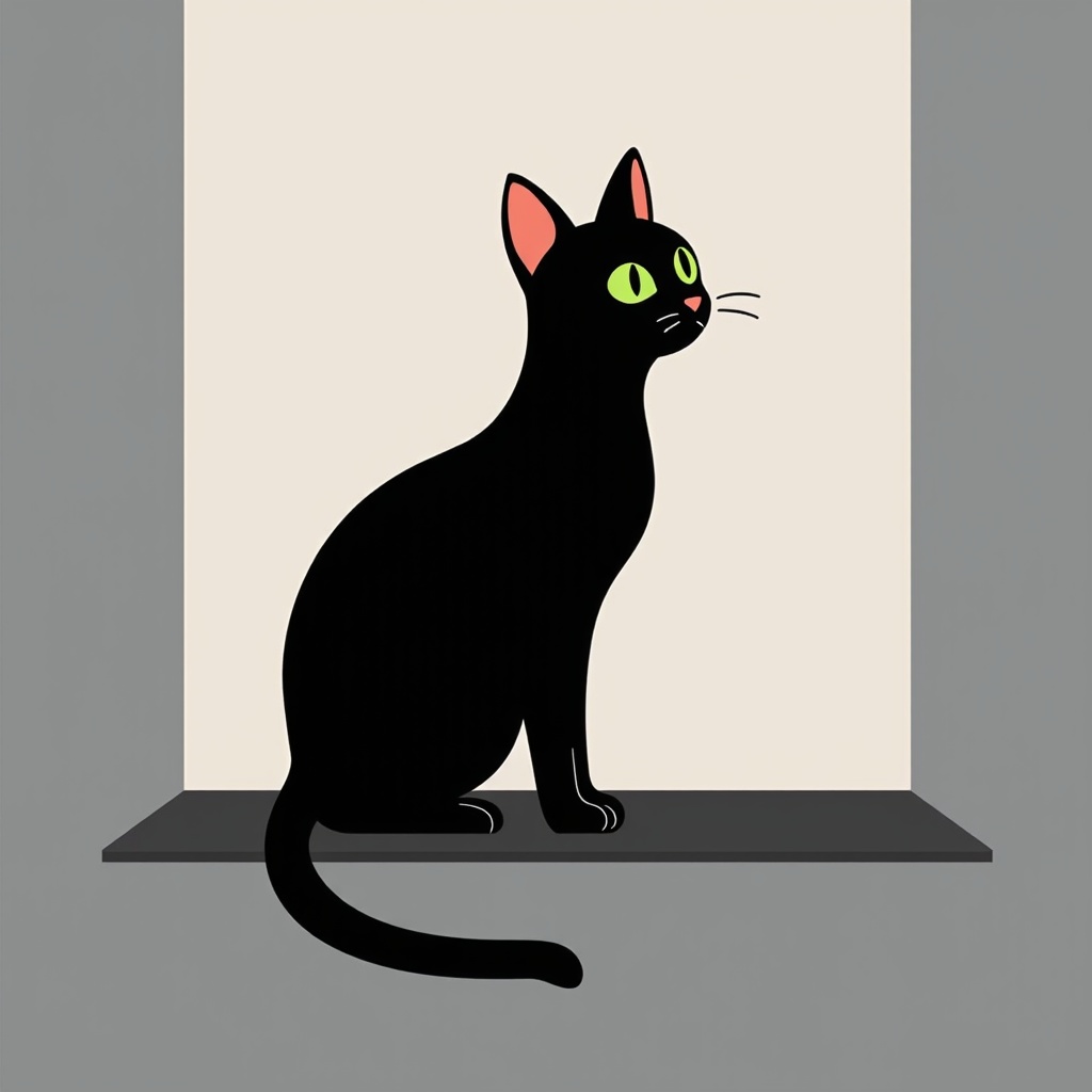 The image is a digital illustration of a black cat sitting on a grey surface. The cat is facing towards the right side of the image and is sitting upright with its body slightly turned to the left. It has two pointed ears on its head and green eyes. The background is a plain white wall. The overall style of the illustration is simple and minimalistic.