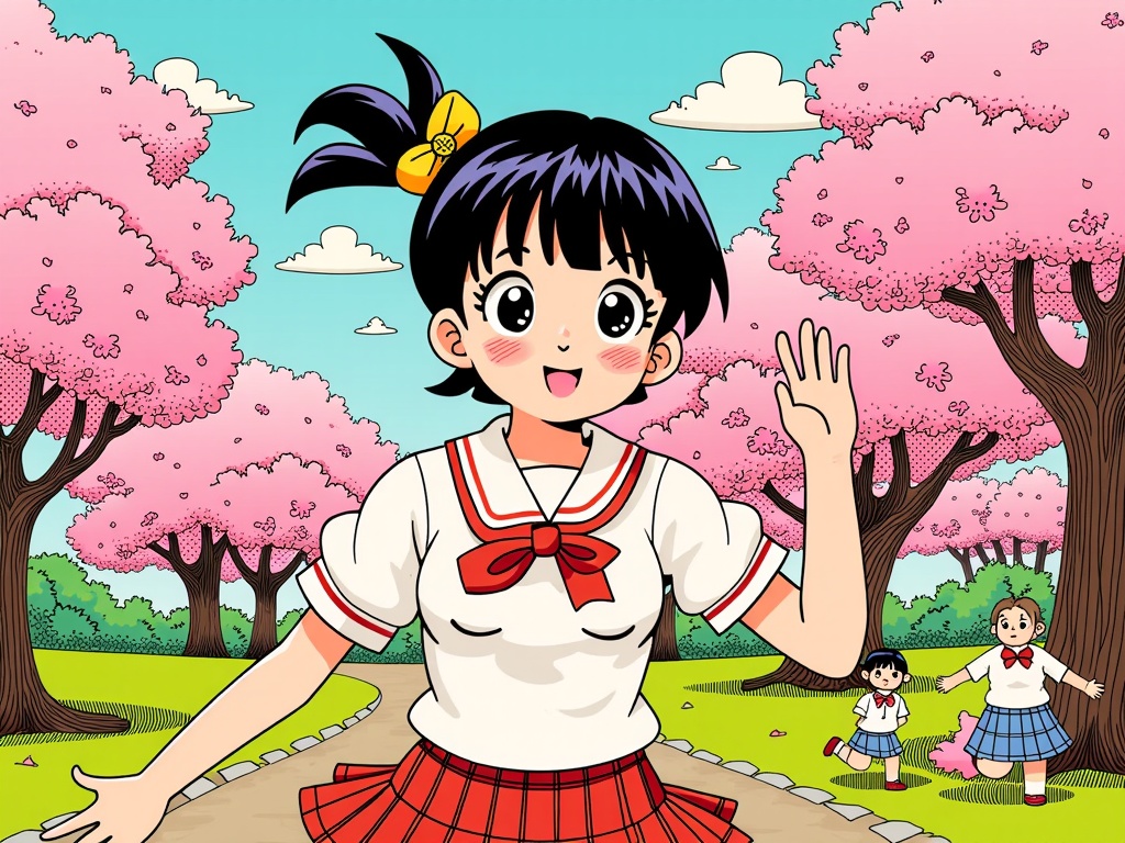 Showa Era Manga Panel Recreations: Illustrations that emulate the distinct art style of manga from the Showa era (pre-1989, e.g., 60s-70s), featuring characters with large, expressive eyes, unique retro hairstyles, dynamic paneling, halftone dot shading, and classic period-specific themes.