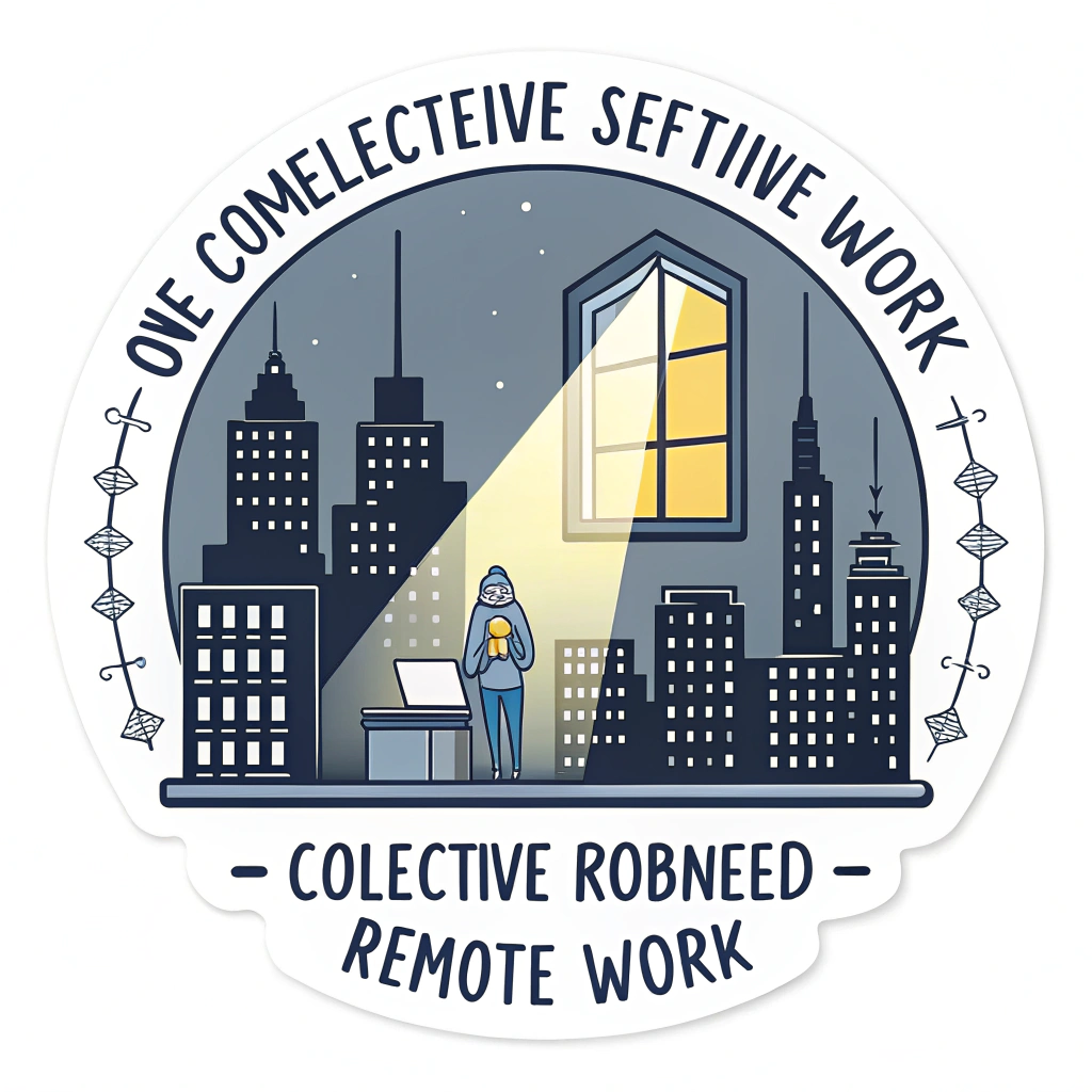 A stylized cityscape background with a single light shining from a window, signifying individual achievement in a collective remote work setting.