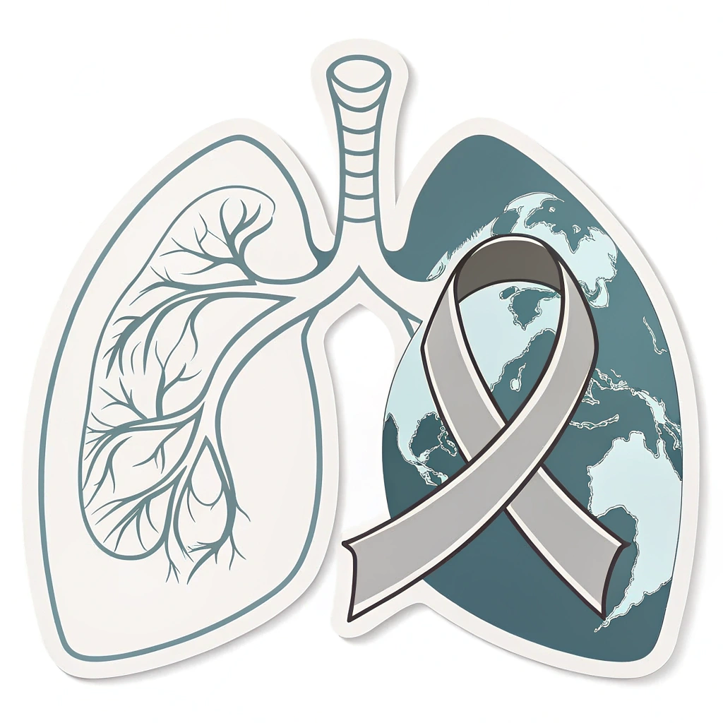 Simple Icon Idea: A minimalist icon depicting a pair of lungs where the outline of one lung subtly forms half of a globe, or a pair of lungs with an asthma awareness ribbon (e.g., grey/pearl) gently wrapped around them.