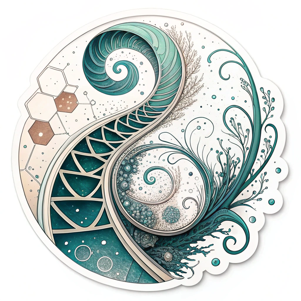 Bio-Digital Fusion Swirl: A sticker merging organic, cellular-looking swirls with geometric, digital elements, blending soft textures and sharp lines to show AI's fusion of nature and logic.