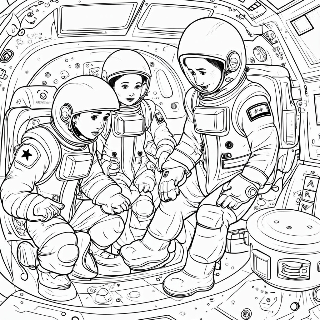 Astronauts conducting a routine check or simple experiment, surrounded by the detailed technology and equipment of the capsule.
