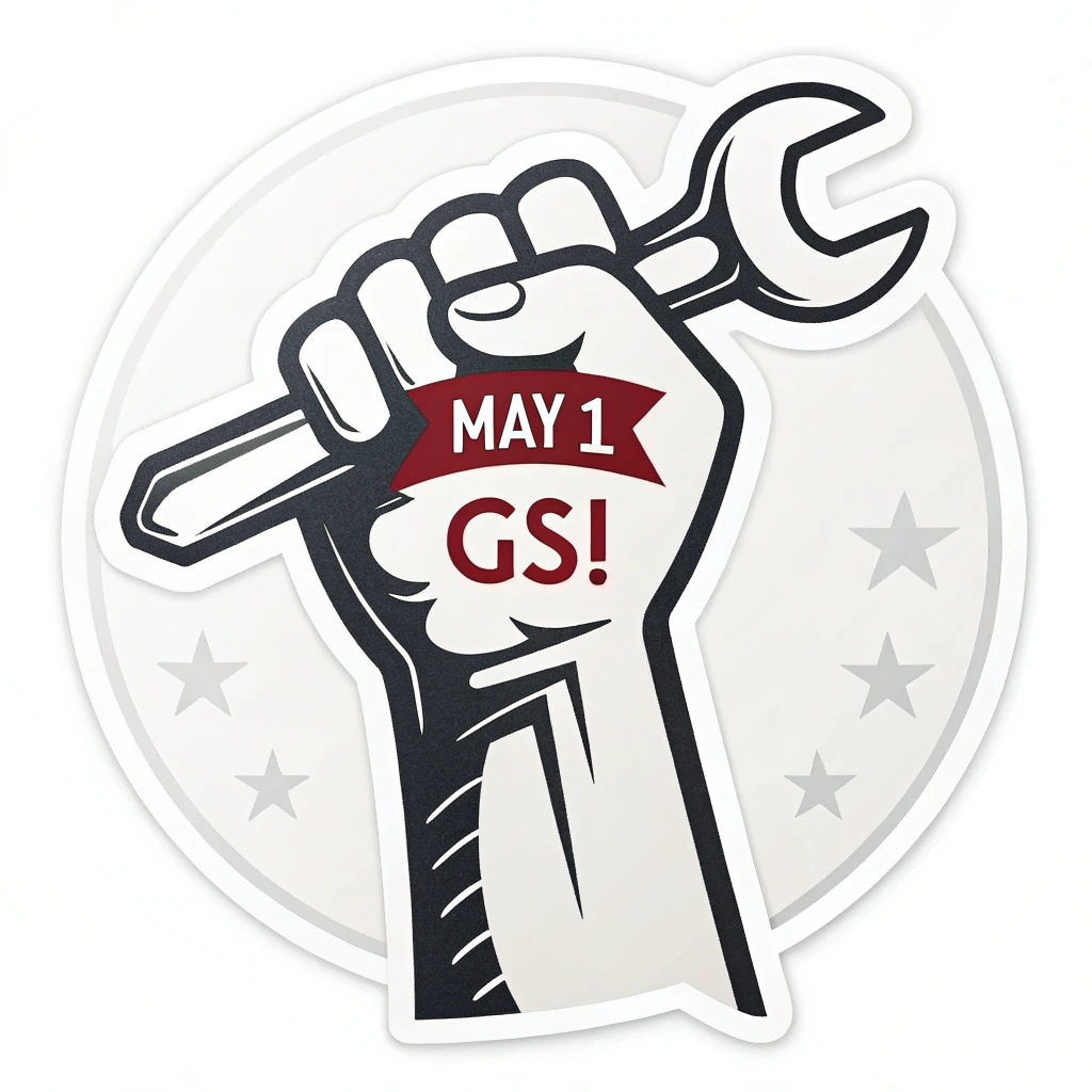 Simple Icon Idea: A stylized raised fist, possibly gripping a simple tool (hammer/wrench). The text 'May 1' or 'GS!' (for General Strike) could be subtly incorporated or placed nearby.