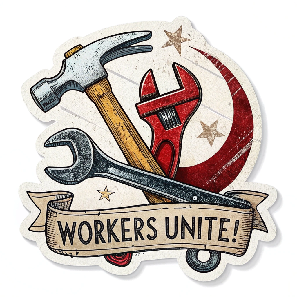Sub-Design Idea 2: The three tools – hammer, wrench, and sickle – artistically intertwined or overlapping to signify the unity of different labor sectors. Incorporate 'May Day' or a slogan like 'Workers Unite!' as a banner or integrated text, possibly with a distressed or grunge texture.