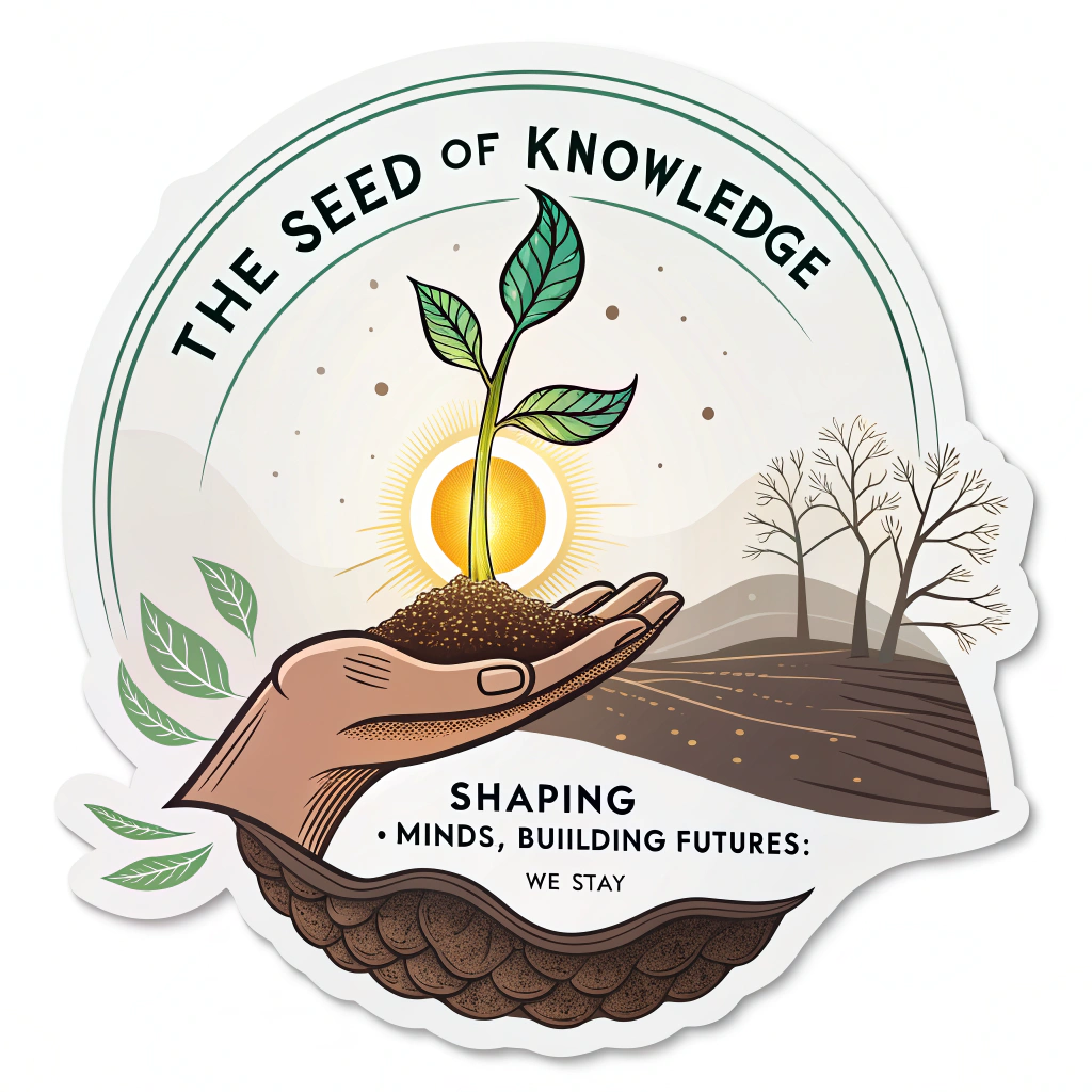 Sticker Design Idea 1: 'The Seed of Knowledge' - Features a hand gently holding or planting a glowing seedling. The tagline 'Shaping Minds, Building Futures: We Stay' curves around the imagery or forms the ground, emphasizing nurturing and committed growth.