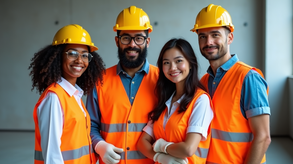 Design a poster featuring a diverse group of workers confidently wearing various essential PPE items (hard hats, safety glasses, gloves, high-visibility vests) against a clean, professional background. Slogan: 'PPE: Protecting Our People, Securing Our Future.'