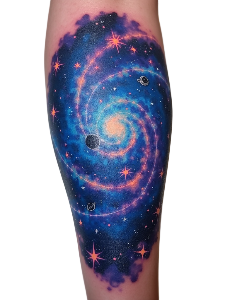 An awe-inspiring galaxy swirl tattoo spans the upper arm, stars and planets blending with a brilliant mix of blues and purples.